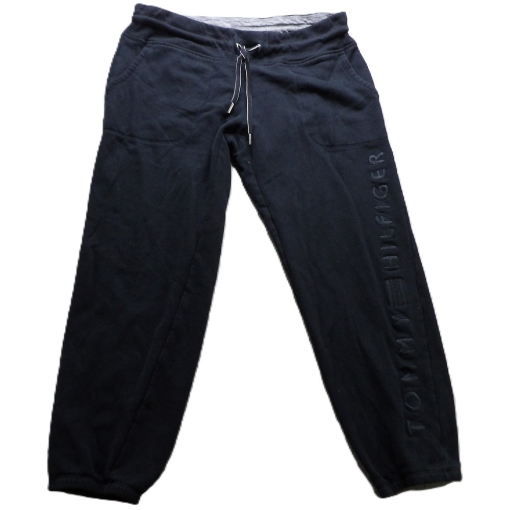 Tommy Hilfiger Women L Black Logo Jogger Sweatpant Drawstring Cuffed Lounge Pant